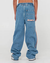 RUSTY FLIP DADDY 2.0 BAGGY JEAN BOYS KIDS DENIM STREETWEAR MID BLUE 6-14