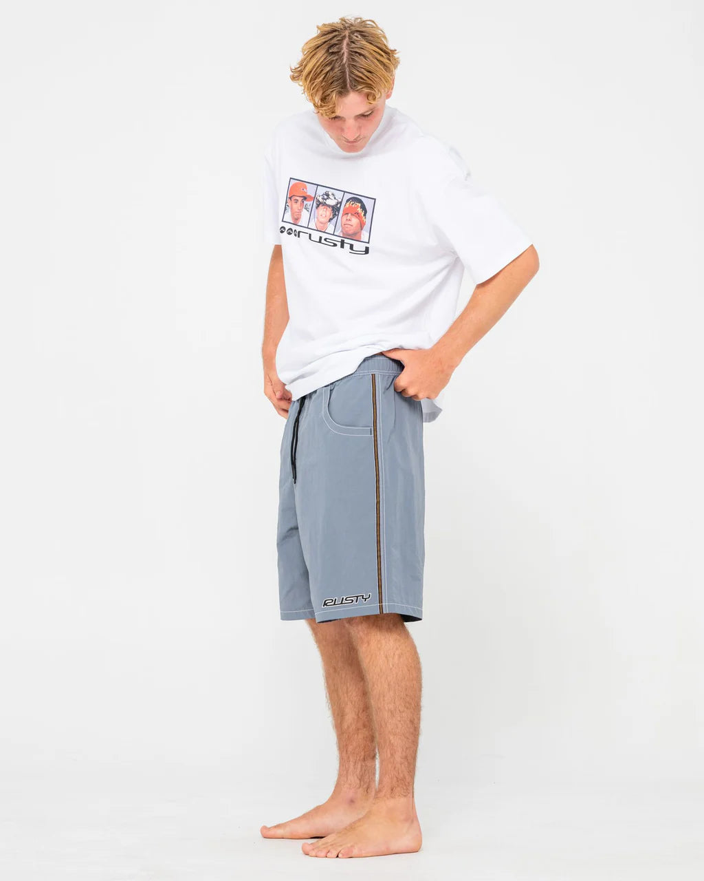 RUSTY FLIP DADDY 22" ELASTIC WAIST BOARDSHORT – MENS SURF STRETCH SHORT CHINA BLUE