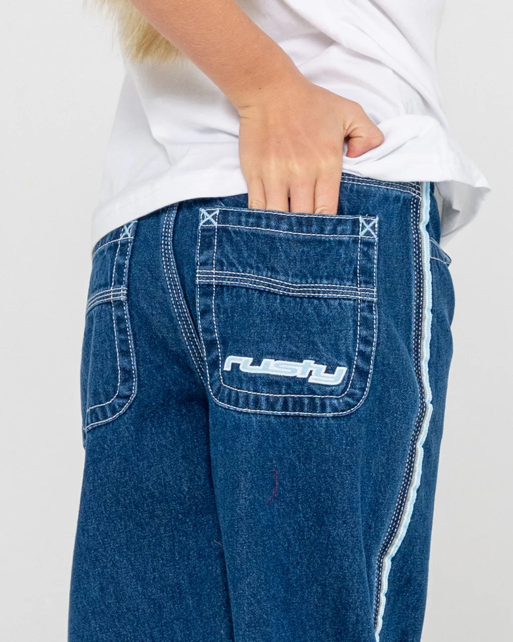 RUSTY FLIP GIRL LOW RISE JEAN WOMENS STREETWEAR DENIM STRAIGHT LEG DEEP SEA BLUE