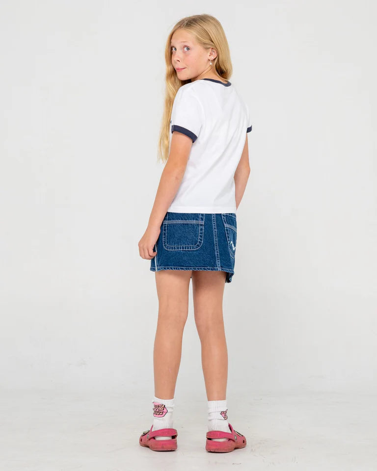 RUSTY FLIP GIRL MINI DENIM SKIRT GIRLS Y2K STREET STYLE – DEEP SEA BLUE