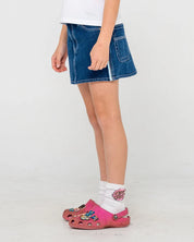 RUSTY FLIP GIRL MINI DENIM SKIRT GIRLS Y2K STREET STYLE – DEEP SEA BLUE