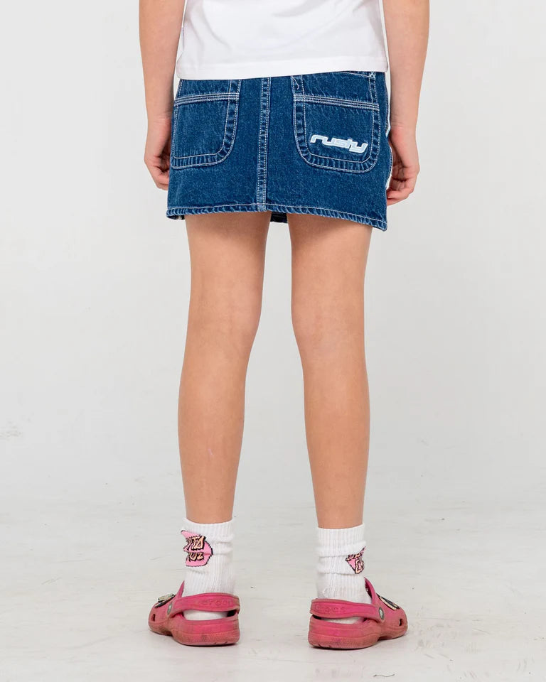 RUSTY FLIP GIRL MINI DENIM SKIRT GIRLS Y2K STREET STYLE – DEEP SEA BLUE