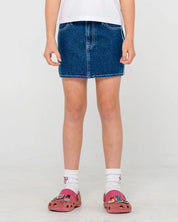 RUSTY FLIP GIRL MINI DENIM SKIRT GIRLS Y2K STREET STYLE – DEEP SEA BLUE