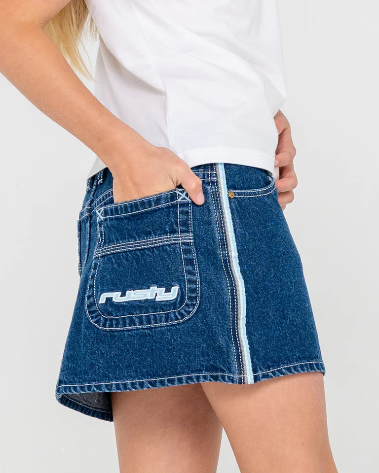 RUSTY FLIP GIRL MINI DENIM SKIRT GIRLS Y2K STREET STYLE – DEEP SEA BLUE