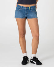 RUSTY FLIP MOMMY DENIM MICRO SHORT – BLASTED MIDDY BLUE / LIME