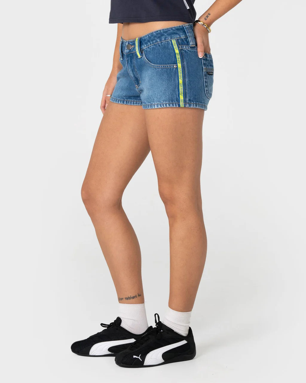 RUSTY FLIP MOMMY DENIM MICRO SHORT – BLASTED MIDDY BLUE / LIME