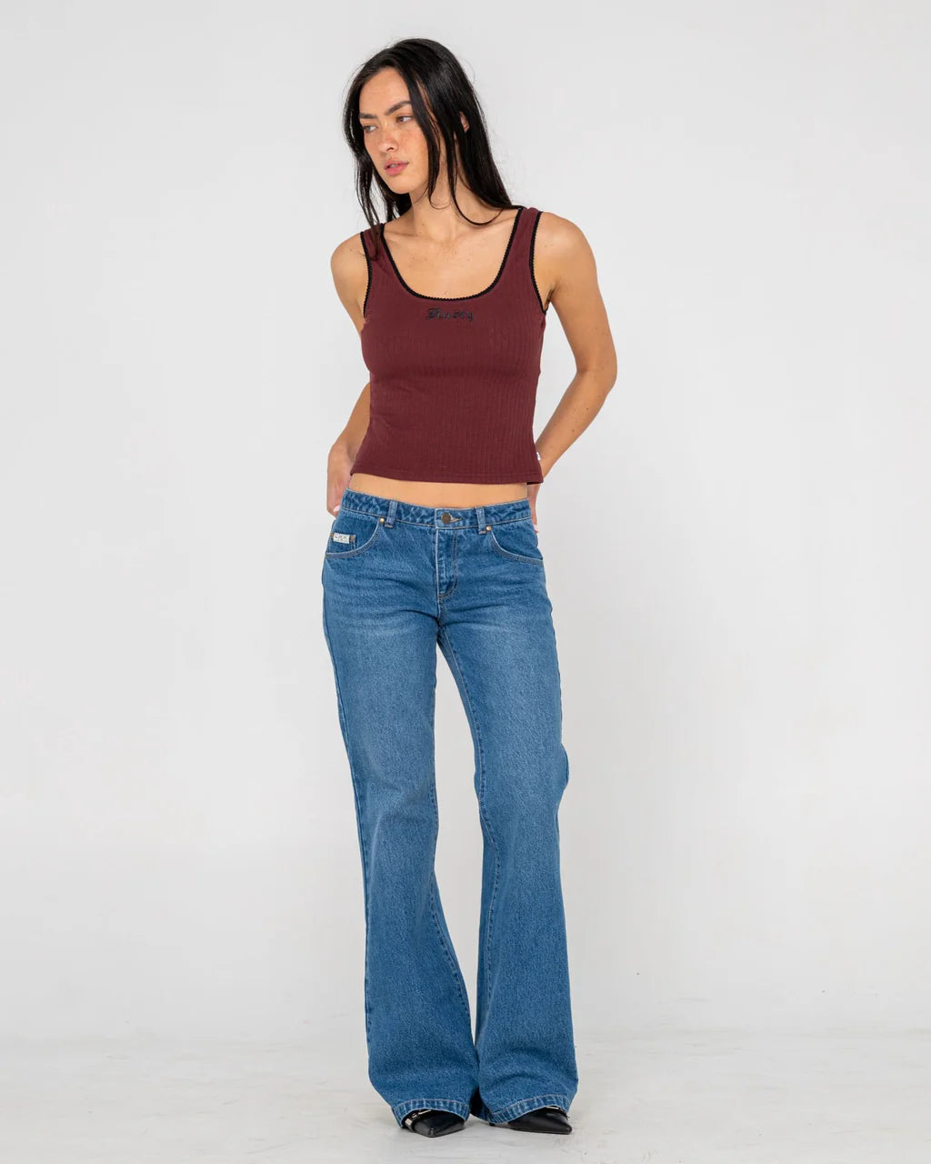 RUSTY FREIDA FLARE LOW RISE JEANS WOMENS DENIM FLARE PANTS