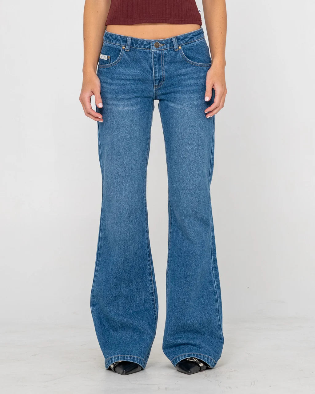 RUSTY FREIDA FLARE LOW RISE JEANS WOMENS DENIM FLARE PANTS