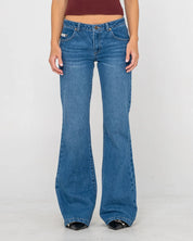 RUSTY FREIDA FLARE LOW RISE JEANS WOMENS DENIM FLARE PANTS