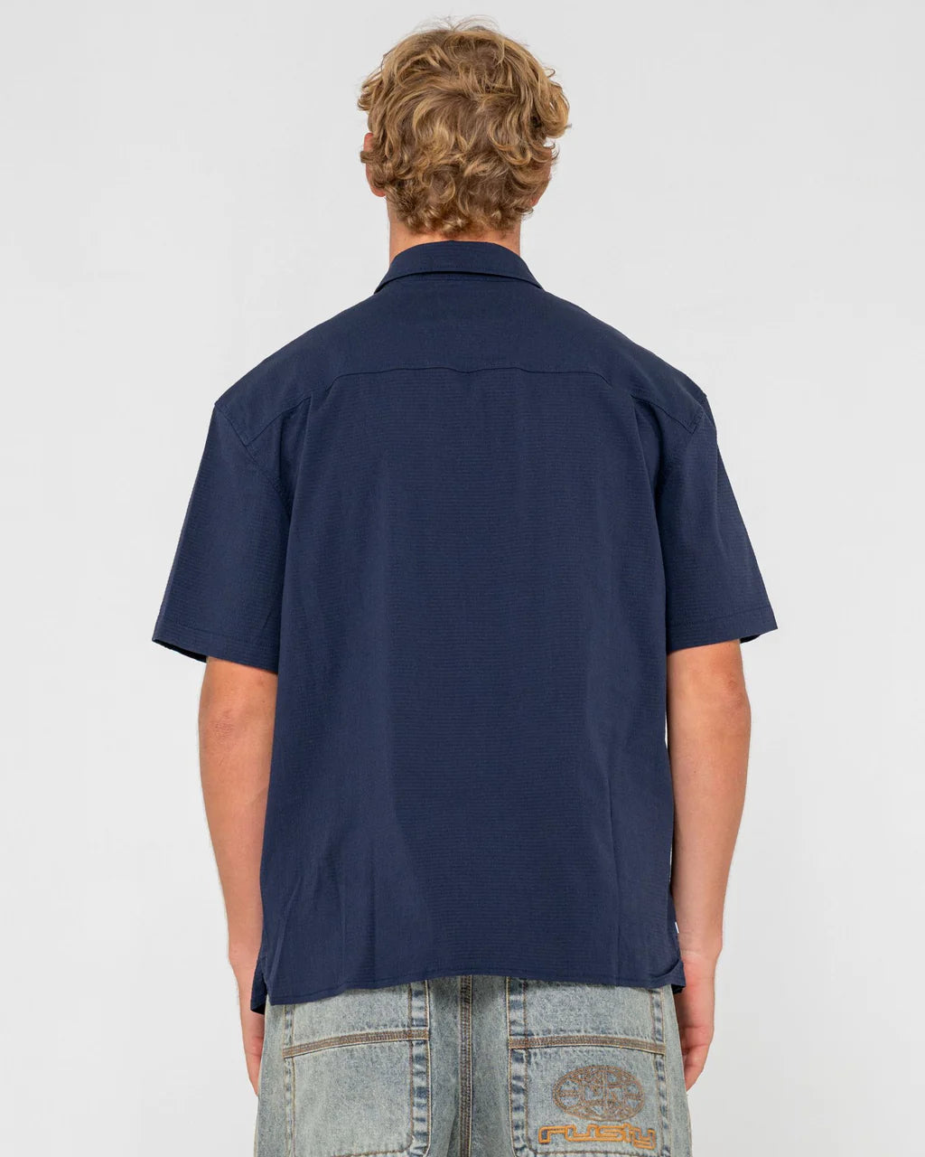 RUSTY GILES SHORT SLEEVE SHIRT – MENS RELAXED COTTON BUTTON UP SHIRT NAVY BLUE