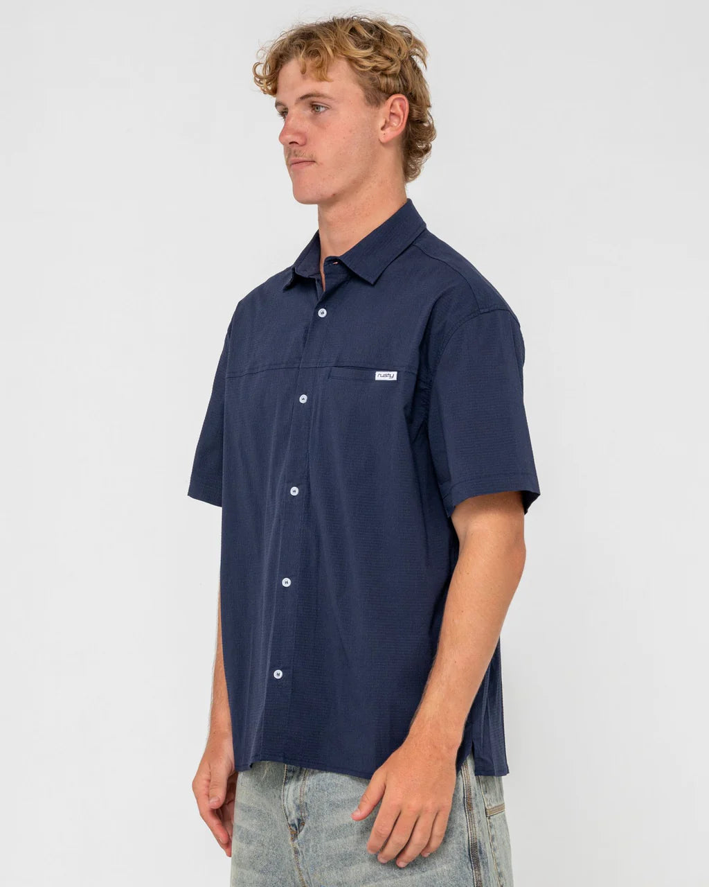 RUSTY GILES SHORT SLEEVE SHIRT – MENS RELAXED COTTON BUTTON UP SHIRT NAVY BLUE