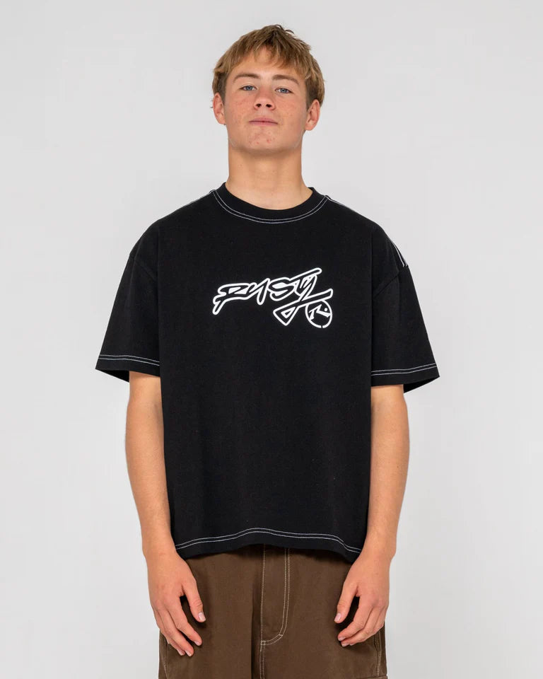 RUSTY GRAF-R GRAPHIC CROPPED TEE MENS BOXY STREETWEAR TOP – BLACK