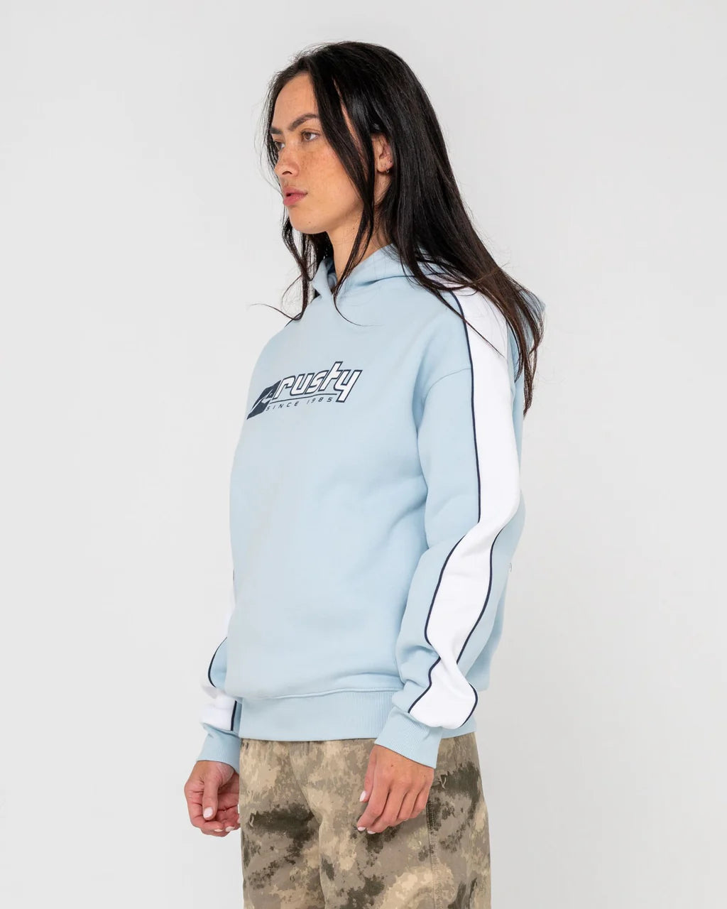 RUSTY HAILSTONE OVERSIZED FLEECE HOODIE WOMENS JUMPER RETRO BLUE