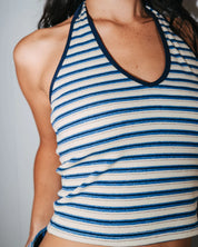 RUSTY HALLEY HALTER TOP – RETRO NAVY STRIPE