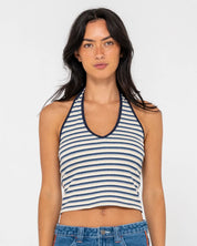 RUSTY HALLEY HALTER TOP – RETRO NAVY STRIPE