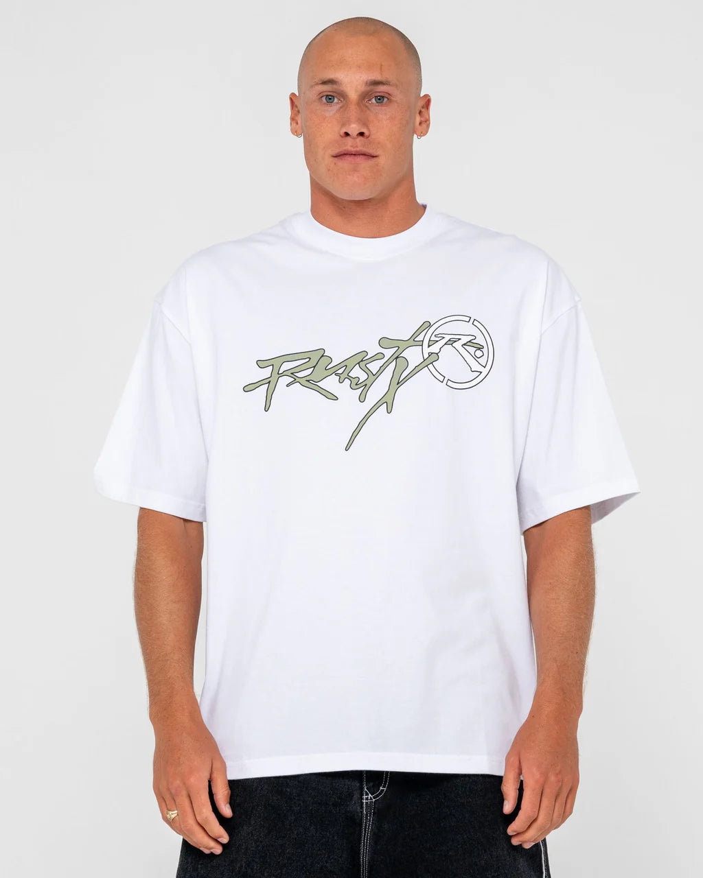 RUSTY HOODUS GRAPHIC TEE – MENS HEAVYWEIGHT COTTON SURF LOGO T-SHIRT WHITE