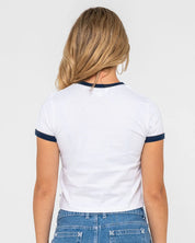 RUSTY HOT STUD CONTRAST RINGER BABY TEE – WOMENS RETRO FITTED TEE WHITE