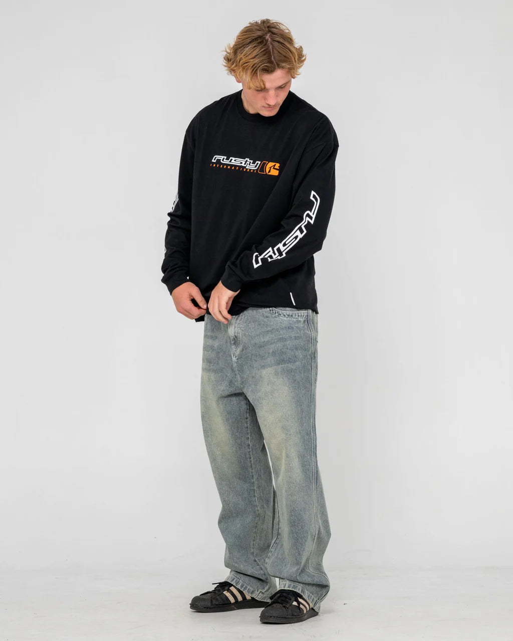 RUSTY JETSETTER LONG SLEEVE GRAPHIC TEE MENS T SHIRT BLACK
