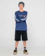 RUSTY JETSETTER LONG SLEEVE TEE BOYS GRAPHIC T SHIRT DARK BLUE