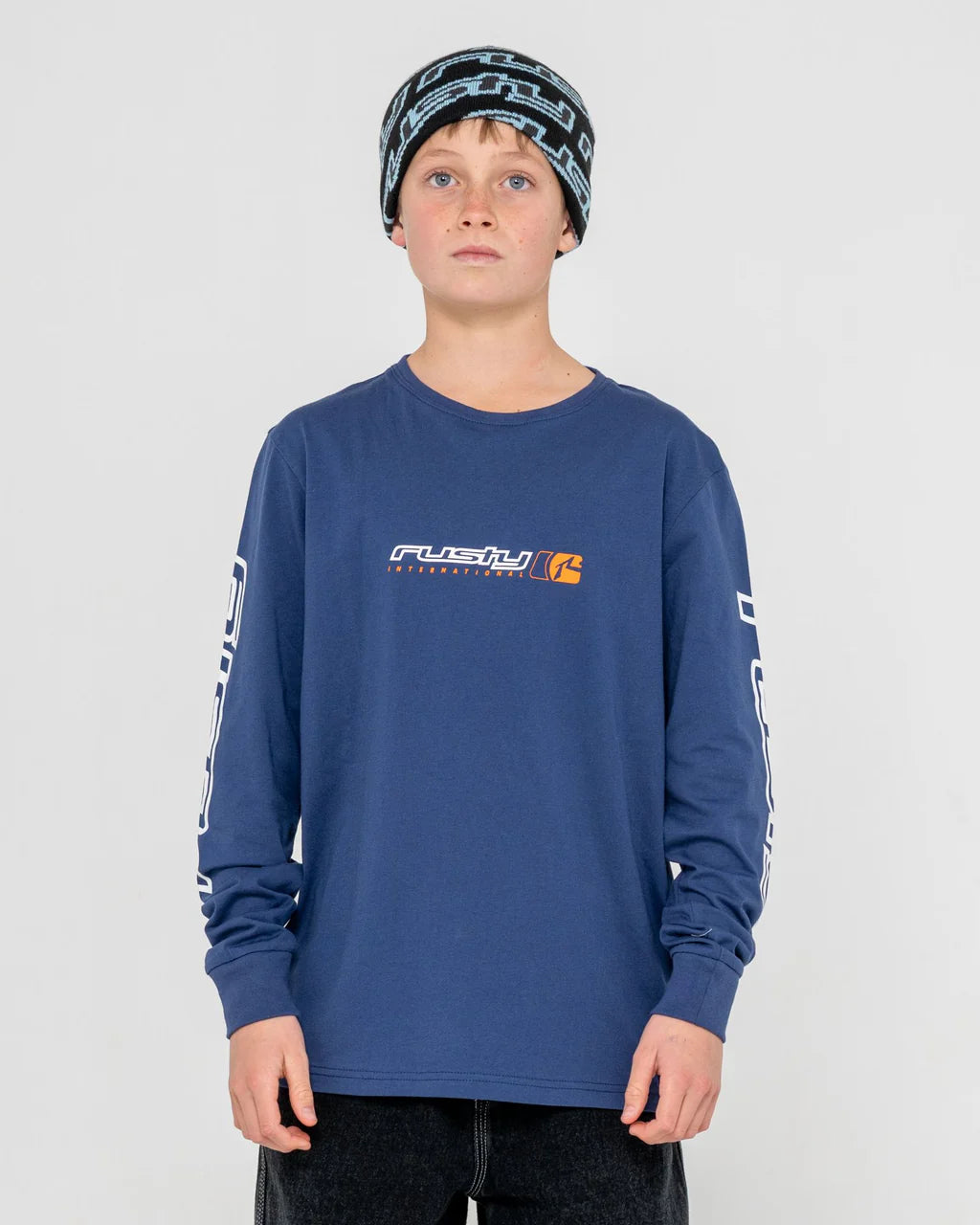 RUSTY JETSETTER LONG SLEEVE TEE BOYS GRAPHIC T SHIRT DARK BLUE