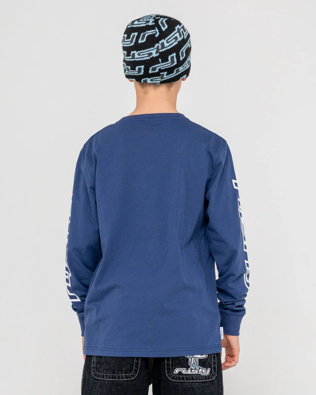 RUSTY JETSETTER LONG SLEEVE TEE BOYS GRAPHIC T SHIRT DARK BLUE
