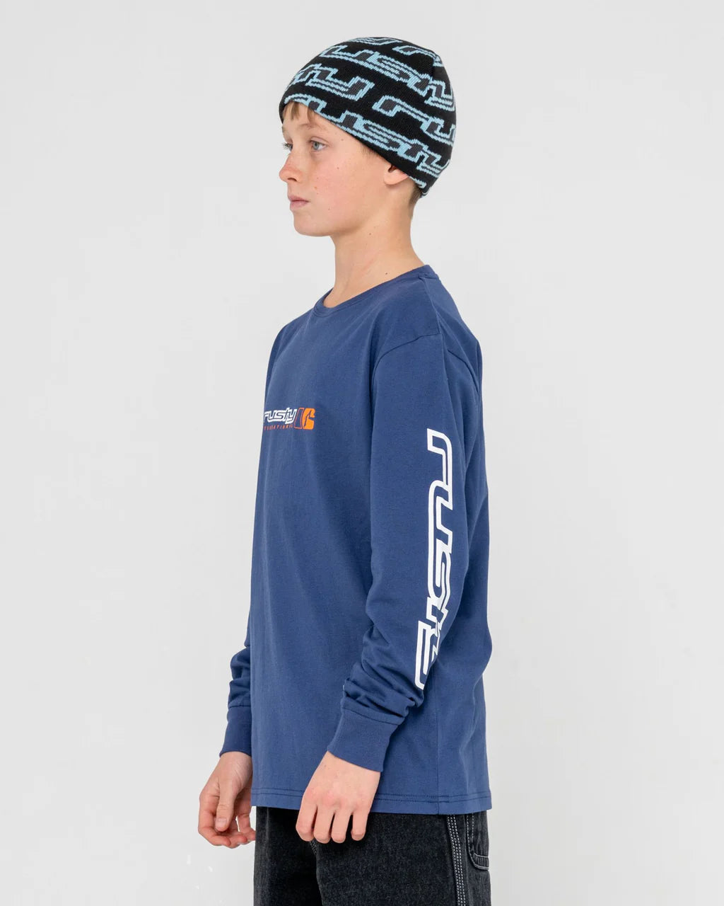 RUSTY JETSETTER LONG SLEEVE TEE BOYS GRAPHIC T SHIRT DARK BLUE