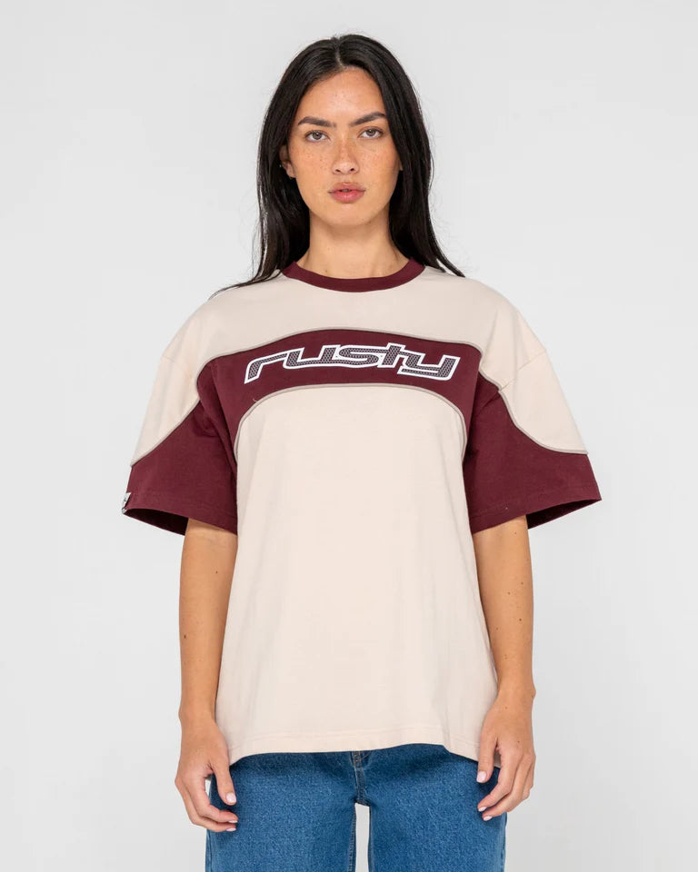 RUSTY KINETIC OVERSIZED GRAPHIC TEE WOMENS STREET STYLE – CREAM / BURGUNDY