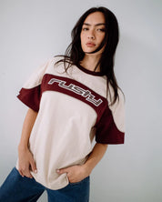 RUSTY KINETIC OVERSIZED GRAPHIC TEE WOMENS STREET STYLE – CREAM / BURGUNDY