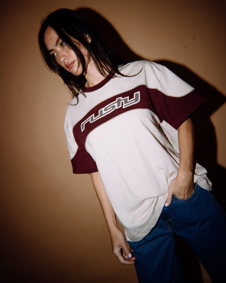 RUSTY KINETIC OVERSIZED GRAPHIC TEE WOMENS STREET STYLE – CREAM / BURGUNDY