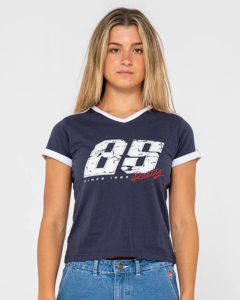 RUSTY LE SPORTS JERSEY BABY TEE – WOMENS FITTED CROP TEE IN NAVY