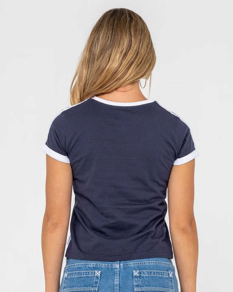 RUSTY LE SPORTS JERSEY BABY TEE – WOMENS FITTED CROP TEE IN NAVY