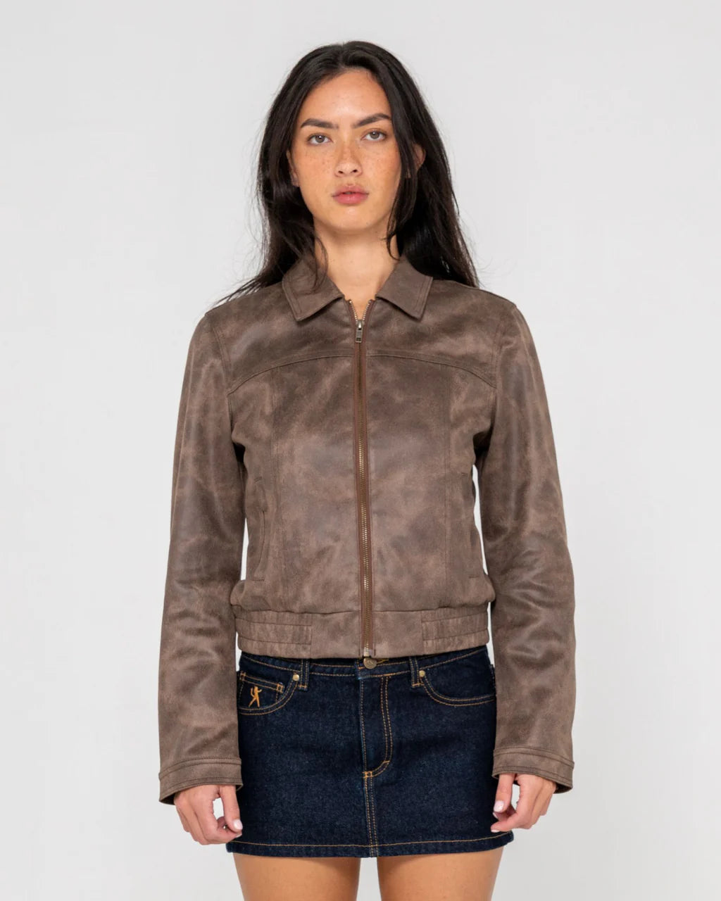 RUSTY LIZZY FAUX LEATHER FITTED JACKET WOMENS ASH BROWN