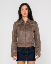 RUSTY LIZZY FAUX LEATHER FITTED JACKET WOMENS ASH BROWN