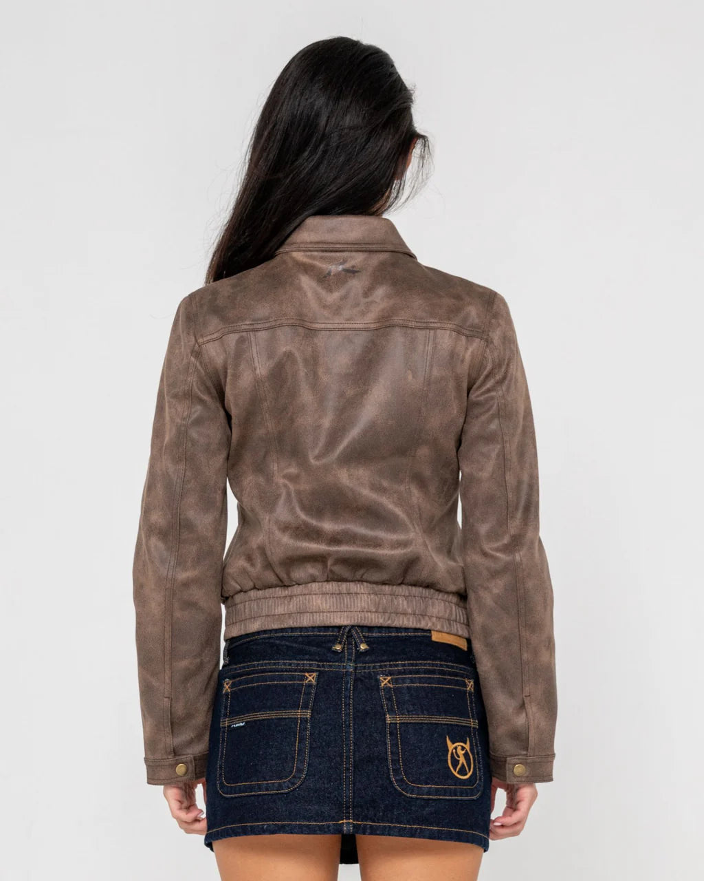 RUSTY LIZZY FAUX LEATHER FITTED JACKET WOMENS ASH BROWN