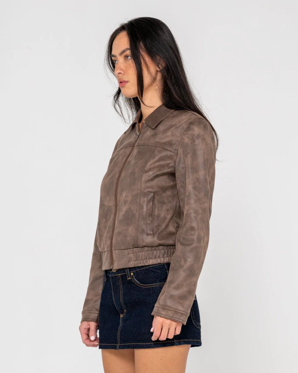 RUSTY LIZZY FAUX LEATHER FITTED JACKET WOMENS ASH BROWN