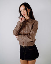 RUSTY LIZZY FAUX LEATHER FITTED JACKET WOMENS ASH BROWN