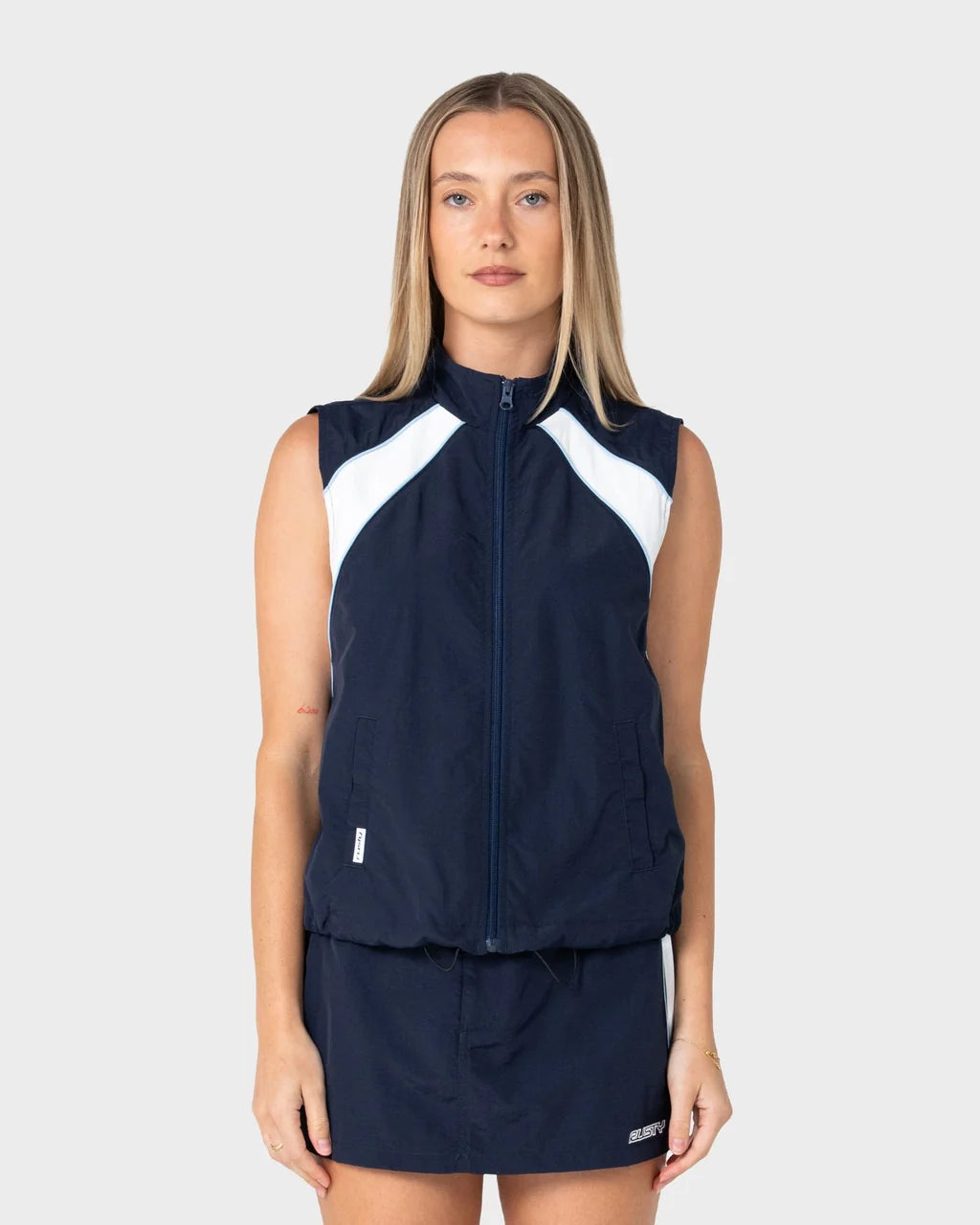 RUSTY LOMBARDI ZIP THROUGH VEST – NAVY BLUE / WHITE