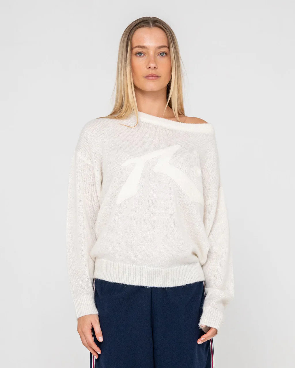 RUSTY MILES OPEN GRAPHIC KNIT WOMENS OVERSIZED SWEATER STREETWEAR WHITE