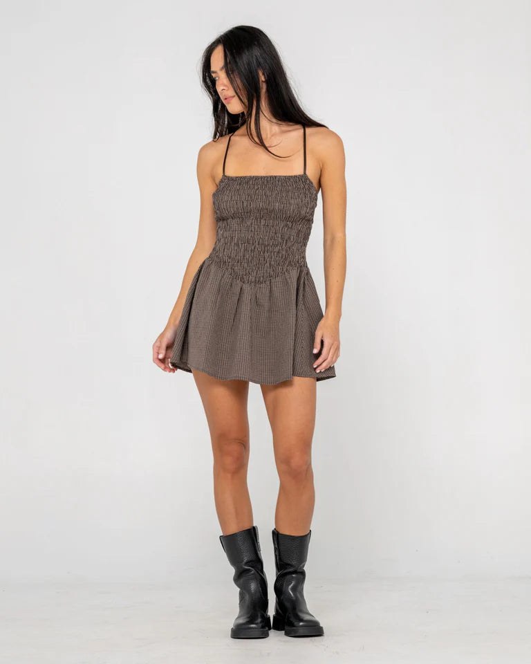 RUSTY MIMI BUBBLE MINI DRESS WOMENS CASUAL STATEMENT STYLE – JAVA PLAID