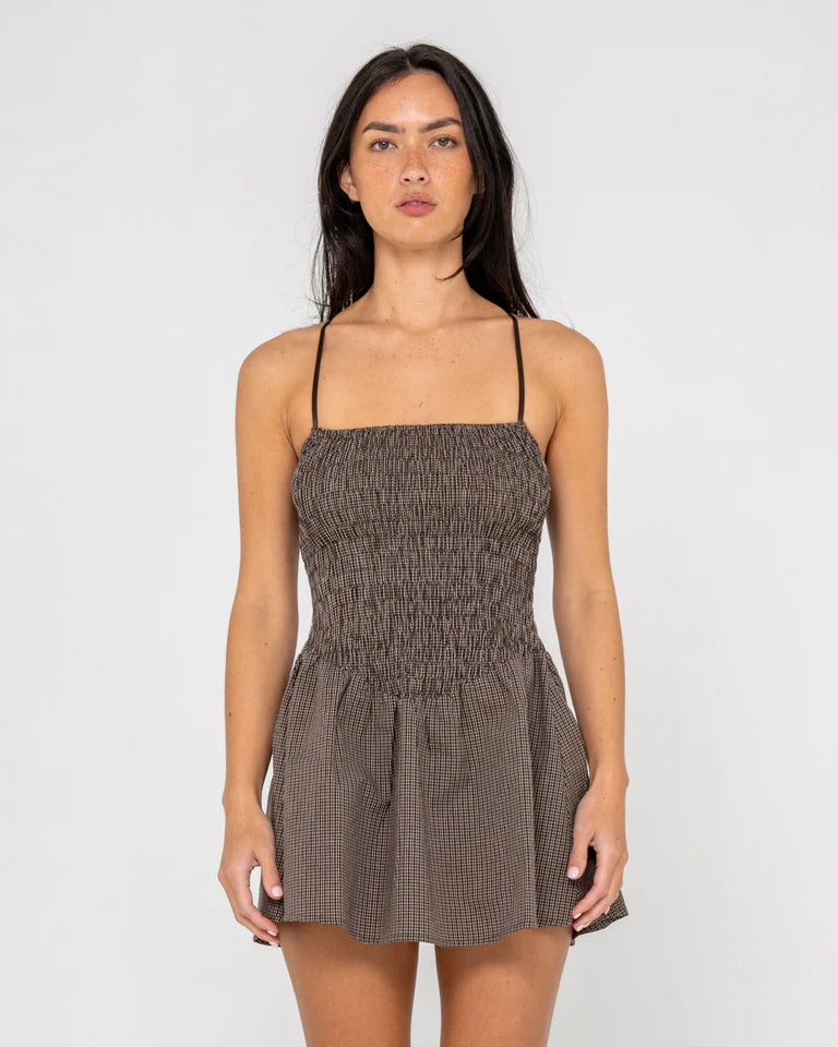 RUSTY MIMI BUBBLE MINI DRESS WOMENS CASUAL STATEMENT STYLE – JAVA PLAID