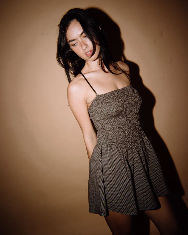 RUSTY MIMI BUBBLE MINI DRESS WOMENS CASUAL STATEMENT STYLE – JAVA PLAID