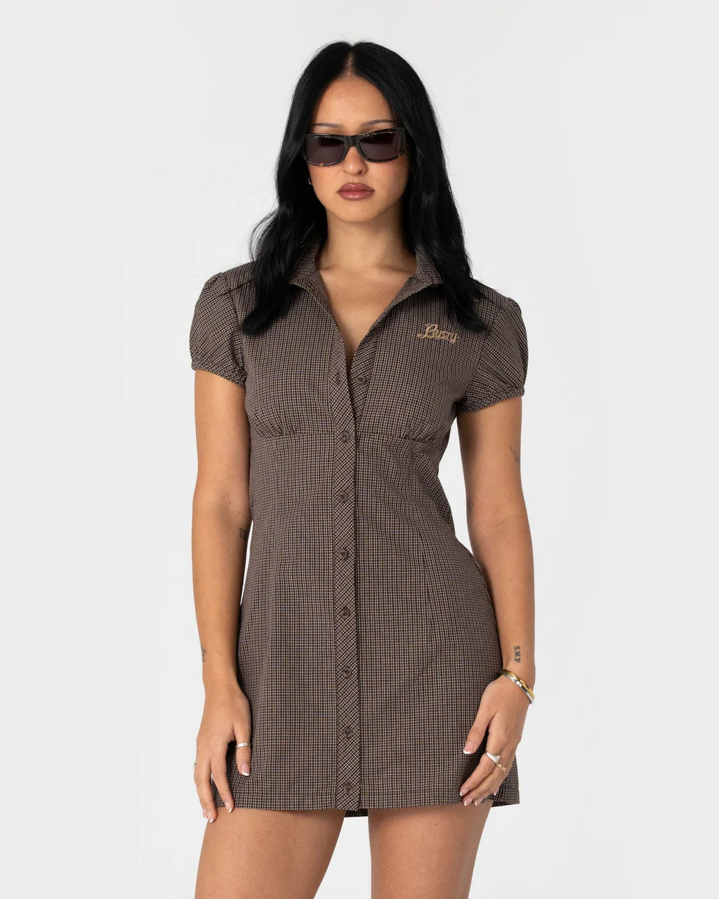 RUSTY MISSY MAY CHECK MINI DRESS – WOMENS RETRO PLAID BUTTON UP DRESS JAVA PLAID