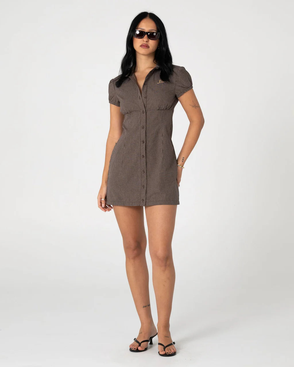 RUSTY MISSY MAY CHECK MINI DRESS – WOMENS RETRO PLAID BUTTON UP DRESS JAVA PLAID