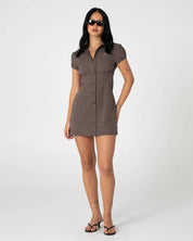 RUSTY MISSY MAY CHECK MINI DRESS – WOMENS RETRO PLAID BUTTON UP DRESS JAVA PLAID