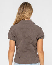 RUSTY MISSY MAY CHECK SHIRT – WOMENS RELAXED PLAID BUTTON UP JAVA PLAID