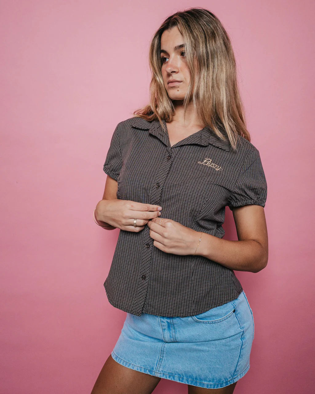 RUSTY MISSY MAY CHECK SHIRT – WOMENS RELAXED PLAID BUTTON UP JAVA PLAID