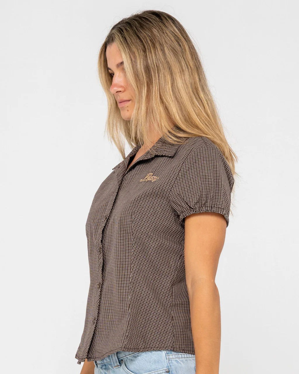 RUSTY MISSY MAY CHECK SHIRT – WOMENS RELAXED PLAID BUTTON UP JAVA PLAID