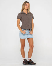 RUSTY MISSY MAY CHECK SHIRT – WOMENS RELAXED PLAID BUTTON UP JAVA PLAID