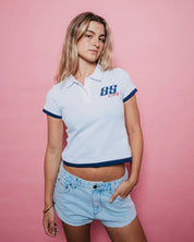 RUSTY MOCK LAYER POLO MINI TEE – WOMENS RETRO COLLARED CROP TOP WHITE