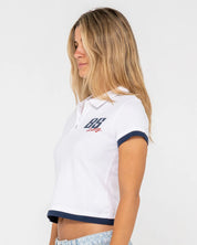 RUSTY MOCK LAYER POLO MINI TEE – WOMENS RETRO COLLARED CROP TOP WHITE